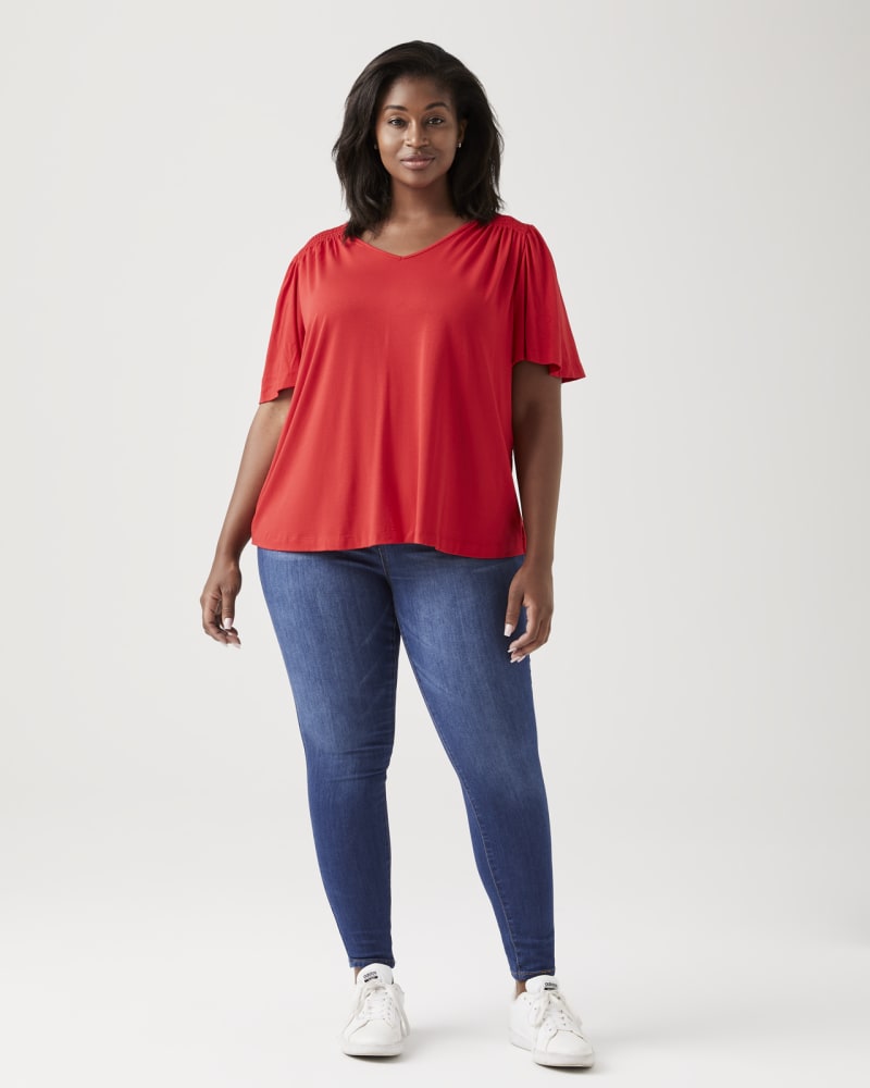 Plus size model wearing Lydia Smocked Shoulder Top by BOBEAU | Dia&Co | dia_product_style_image_id:127975